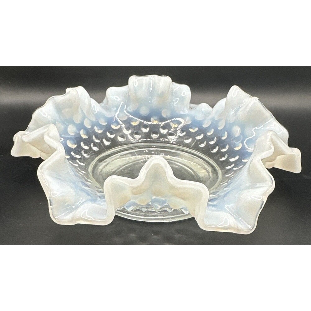 Fenton Art Glass Blue Opalescent Hobnail Candy Bon Bon Dish Bowl Ruffled 6"